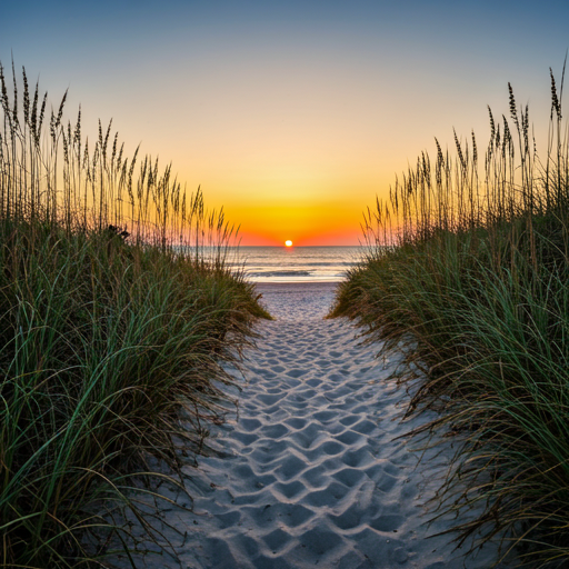 Sunrise view of a beach path through sea grass