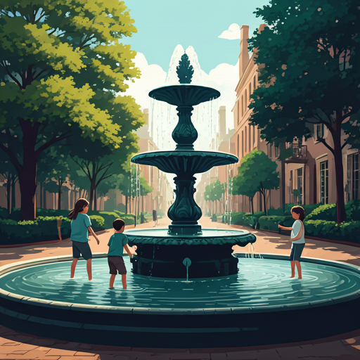 Children playing in a historic fountain in Charleston
