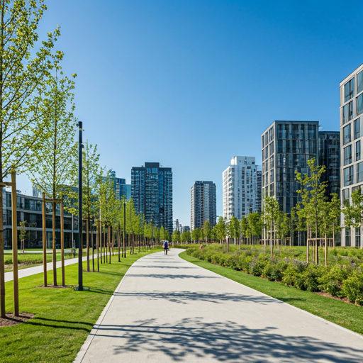 Modern neighborhood with green parks and paths