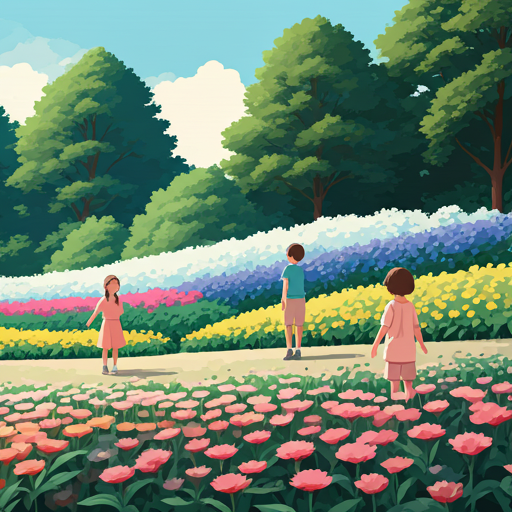 Children playing in a flower garden