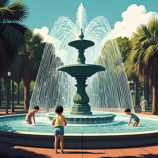 Children playing in a sunny Charleston fountain