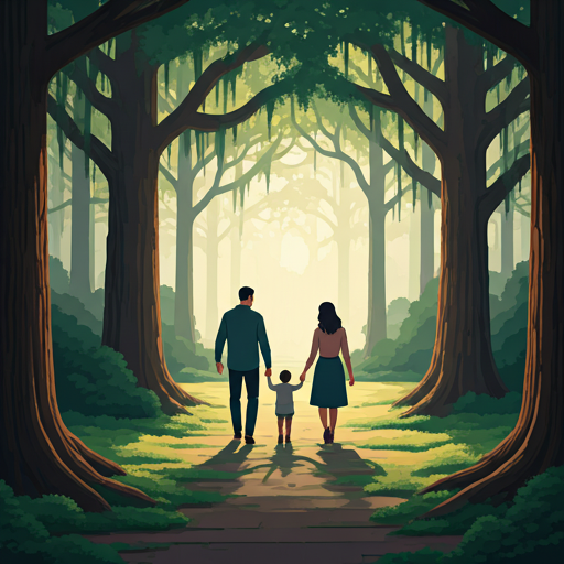 Family walking through a mossy oak park