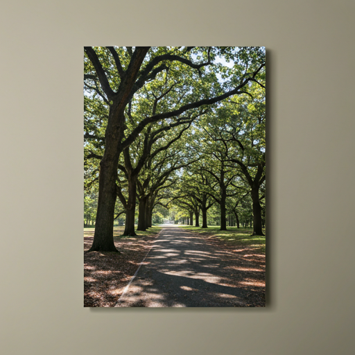 Scenic park with oak trees and sunlight