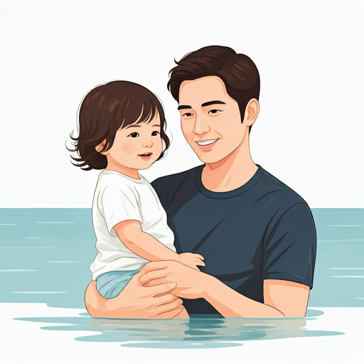 A smiling parent with a toddler near water